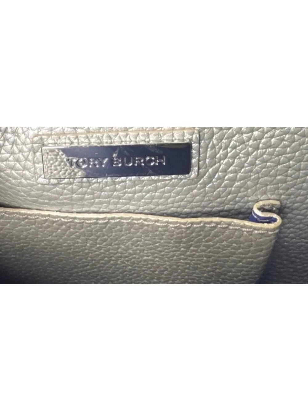 Tory Burch Metallic Silver Leather Tote Bag W/Blue Interior & Pocketed Design